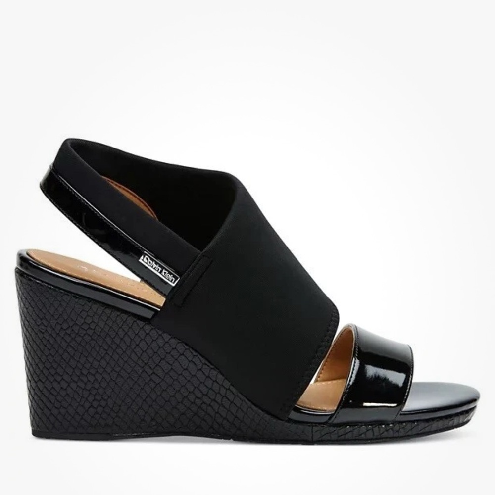 New Calvin Klein Black Patent Wedge Sandals.  Brand new and unused!!